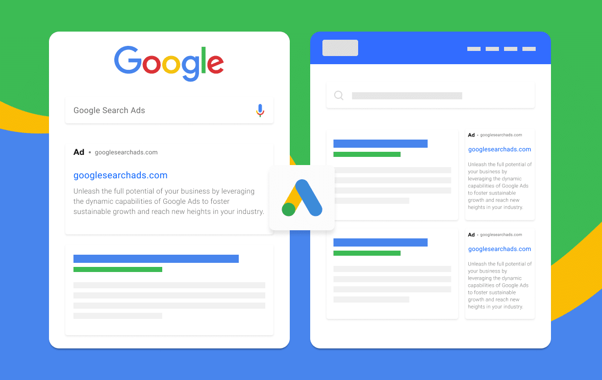 Illustration of a Digital Marketing Solutions search page with example ads displayed. The left side shows ad placement at the top, and the right side shows multiple ad placements with detailed text descriptions. | Ven Agency