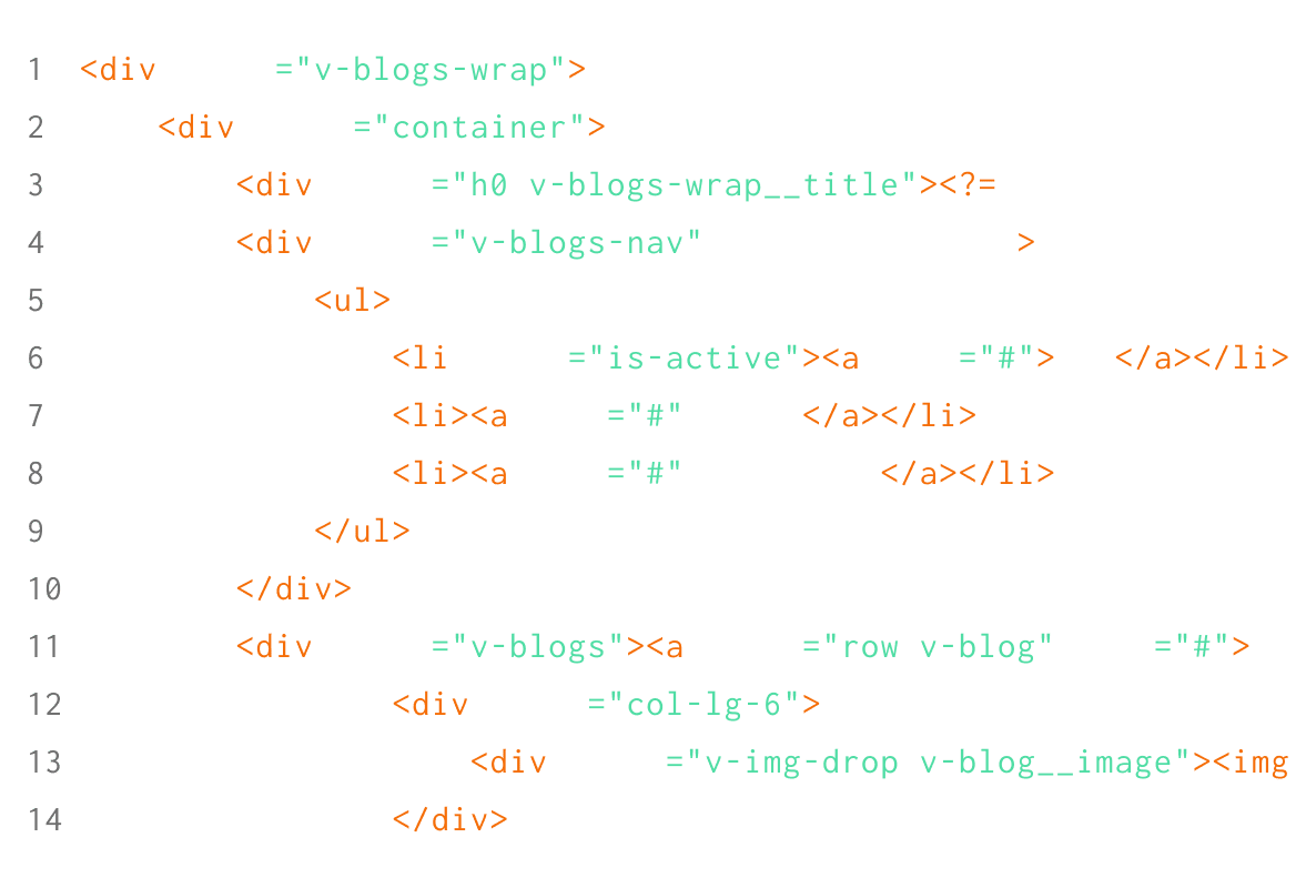 Screenshot of HTML code for Digital Marketing Solutions, focusing on a section of a navigation menu that highlights active and regular links within an unordered list inside div elements. | Ven Agency