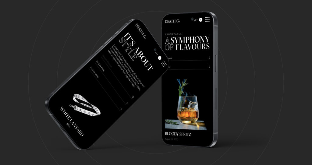 Death Gin 1 A smartphone lies horizontally, displaying a cocktail recipe app on its screen featuring a "blood orange spritz" cocktail. The phone has a black case with stylized text and graphics related to mixology, | Ven Agency