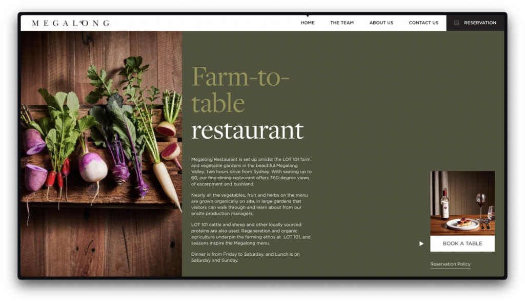 Megalong Restaurant 2 Website homepage designed by a top Web Design Melbourne agency for Megalong farm-to-table restaurant, featuring a lush image of fresh vegetables and herbs on the left, with navigation links and restaurant information on a dark | Ven Agency