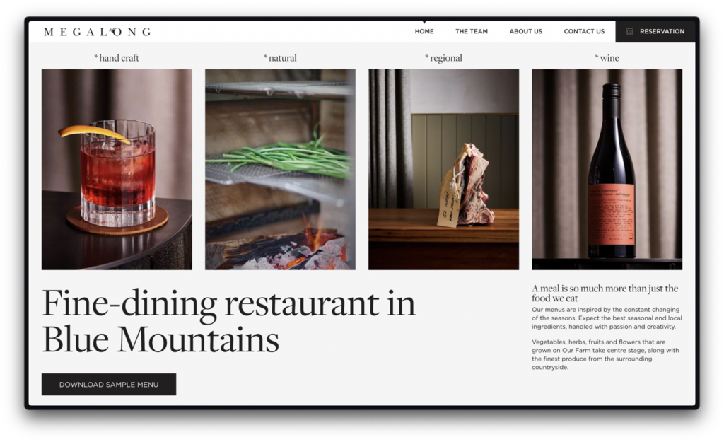 Megalong Restaurant 1 Website interface designed by a Ven Agency for Megalong, a fine-dining restaurant in Blue Mountains, featuring images of a cocktail, fresh produce, an outdoor scene, and a bottle of wine, | Ven Agency