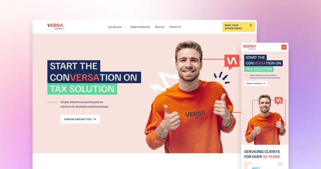 Versa Advisory 1 A website interface for "Versa Advisory" featuring a smiling man in an orange shirt giving two thumbs up. The site, designed to promote tax solutions, carries the headline "Start the conversation on tax | Ven Agency
