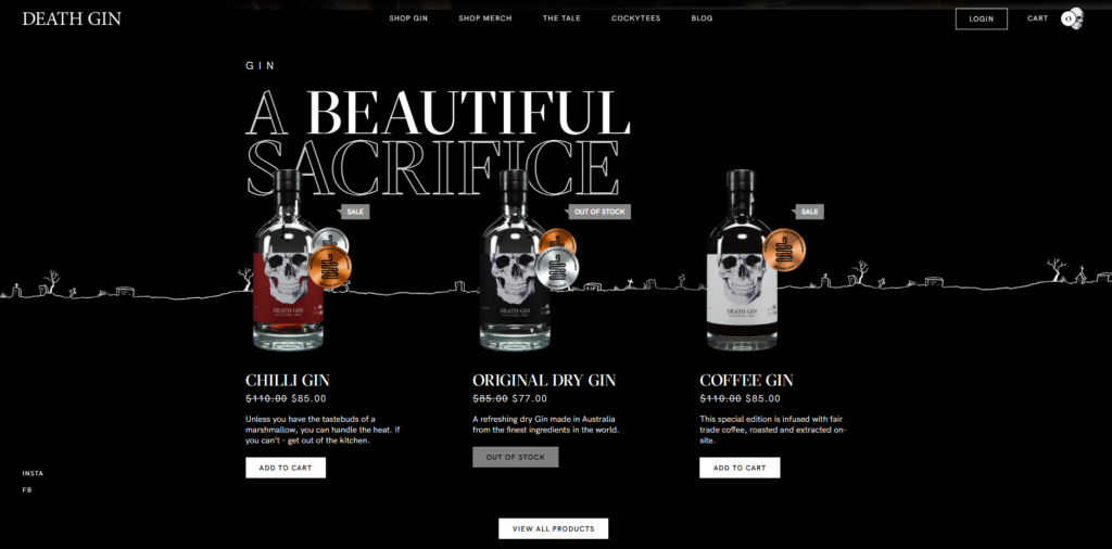 The Ultimate Guide to Website Layout and UX Design 5 A dark-themed webpage with a sleek website layout showcases three gin bottles: Chilli Gin, Original Dry Gin, and Coffee Gin, each adorned with skull design labels. Prices sit below the bottles, while "Out of Stock" tags mark two offerings. | Ven Agency