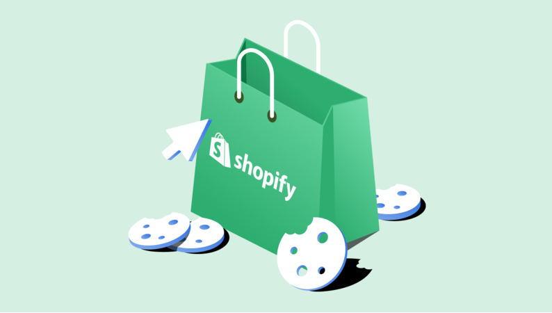 Shopify vs. Squarespace vs. WooCommerce: Which E-commerce Platform is Best for SMEs 4 Illustration of a green shopping bag with the Shopify logo, surrounded by cookies. A large cursor points to the bag, emphasizing online shopping and digital interaction. The cookies, with bite marks, hint at e-commerce platforms like WooCommerce revolutionizing the way we shop online. | Ven Agency