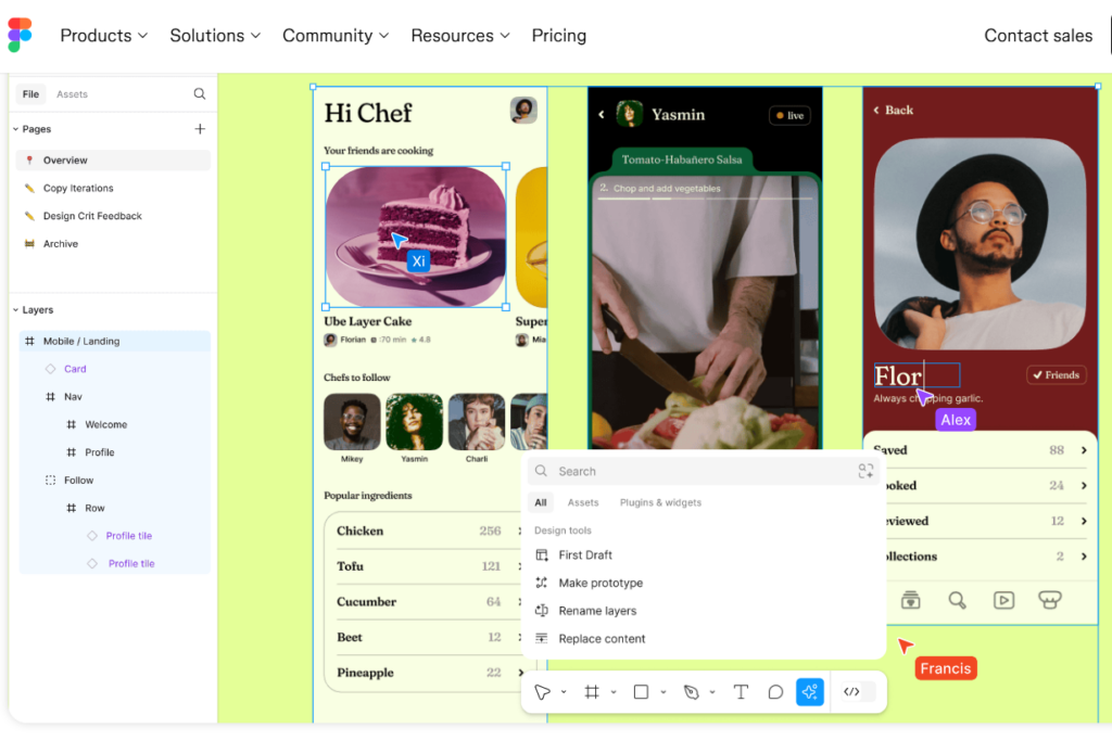 Choosing the Right Web Design Agency and Development in Melbourne 2 A design tool interface showcases a mobile app with three panels: a cake recipe, a cooking profile, and a chef's profile. Tailored for web design agencies in Melbourne, it features editing tools and options like text, color, and image settings for seamless development. | Ven Agency