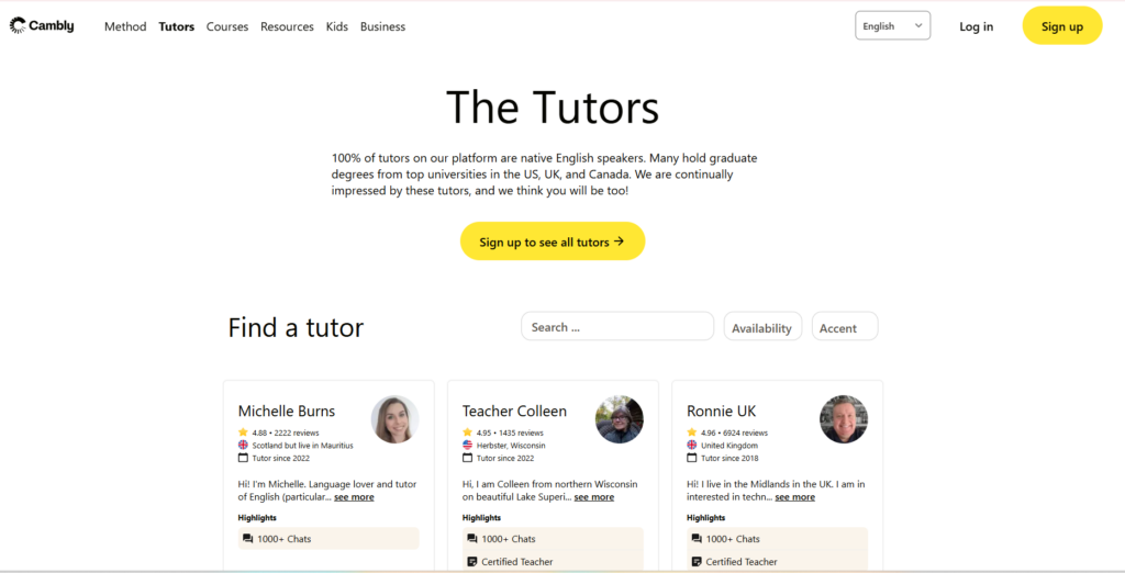 From Idea to Launch: How to Start a Business in Melbourne 1 Screenshot of a website page titled "The Tutors", featuring English tutors, including Melbourne's own Michelle Burns. Search by availability and accent to find your ideal tutor. Profiles of Teacher Colleen and Ronnie UK also highlighted with brief descriptions and ratings. | Ven Agency
