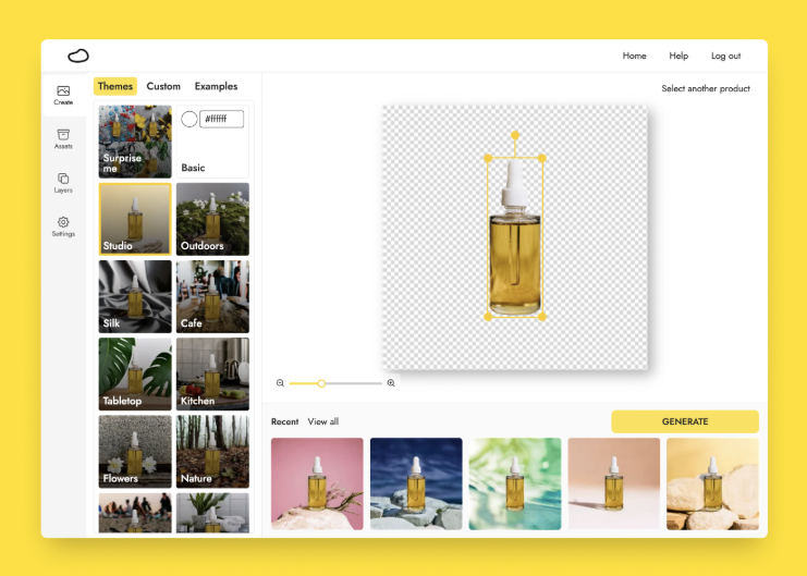 AI for SMEs: Key Adoption Trends and Practical Case Studies 1 Screenshot of a graphic design tool interface. A product image of a dropper bottle with yellow liquid is displayed. On the left, various theme options like "Studio" and "Outdoors" are shown in a sidebar, alongside 2024 AI adoption trends thumbnails below. | Ven Agency