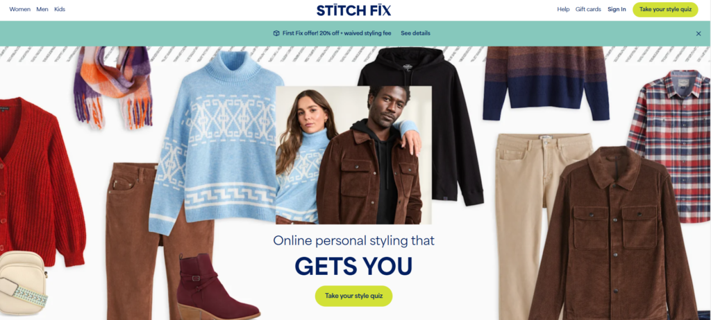 AI for SMEs: Key Adoption Trends and Practical Case Studies 4 A website homepage features a banner with the logo "STITCH FIX" and a mix of winter clothing items like sweaters, a scarf, and boots. Two models stand in the center, showcasing 2024's AI adoption trends in fashion. The text reads, "Online personal styling that GETS YOU. | Ven Agency