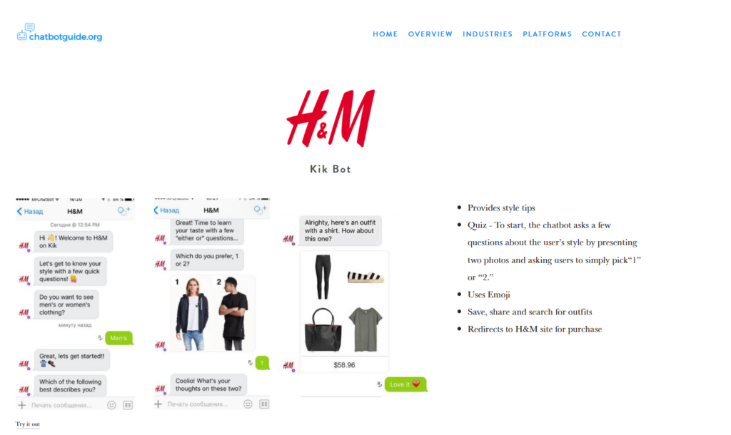 AI for SMEs: Key Adoption Trends and Practical Case Studies 3 Screenshot of a webpage featuring a chatbot interaction with H&M on Kik. The chat, part of AI adoption trends in 2024, shows a style quiz, outfit images, and prices. The right side lists features like style tips and emoji use. H&M logo is at the top. | Ven Agency