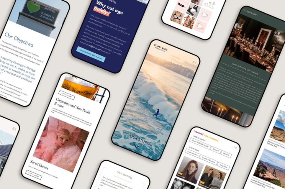 Is Squarespace the Right Choice for Business Website? 5 A collection of smartphones showcases a variety of websites and apps, including social media, e-commerce, and travel content. Each phone displays unique designs reminiscent of a Squarespace business website, arranged in a scattered pattern on a light background for optimal SEO visibility. | Ven Agency