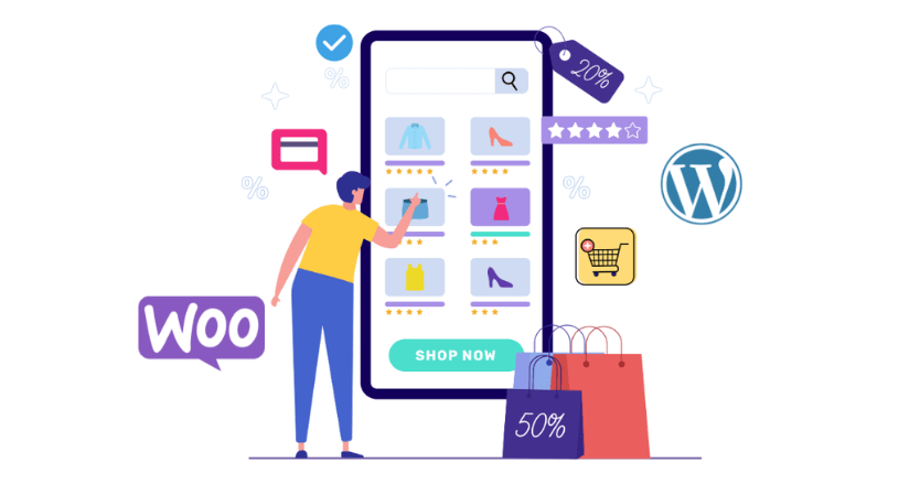 Shopify vs. Squarespace vs. WooCommerce: Which E-commerce Platform is Best for SMEs 3 Illustration of an online shopping scene with a person browsing a smartphone displaying various clothing items. Icons include WordPress, WooCommerce, a shopping cart, and sale tags like 20% and 50%. Shopping bags rest beside the phone. | Ven Agency