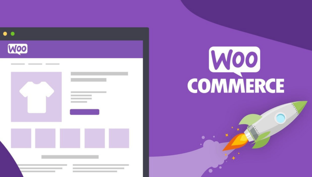 Shopify vs. Squarespace vs. WooCommerce: Which E-commerce Platform is Best for SMEs 2 Illustration of a web page featuring a t-shirt graphic, framed by a purple background. A rocket ship, angled upward, emits a fiery trail. The WooCommerce logo is prominently displayed on the right, highlighting its edge in the Shopify vs. Squarespace vs. WooCommerce e-commerce platform debate. | Ven Agency