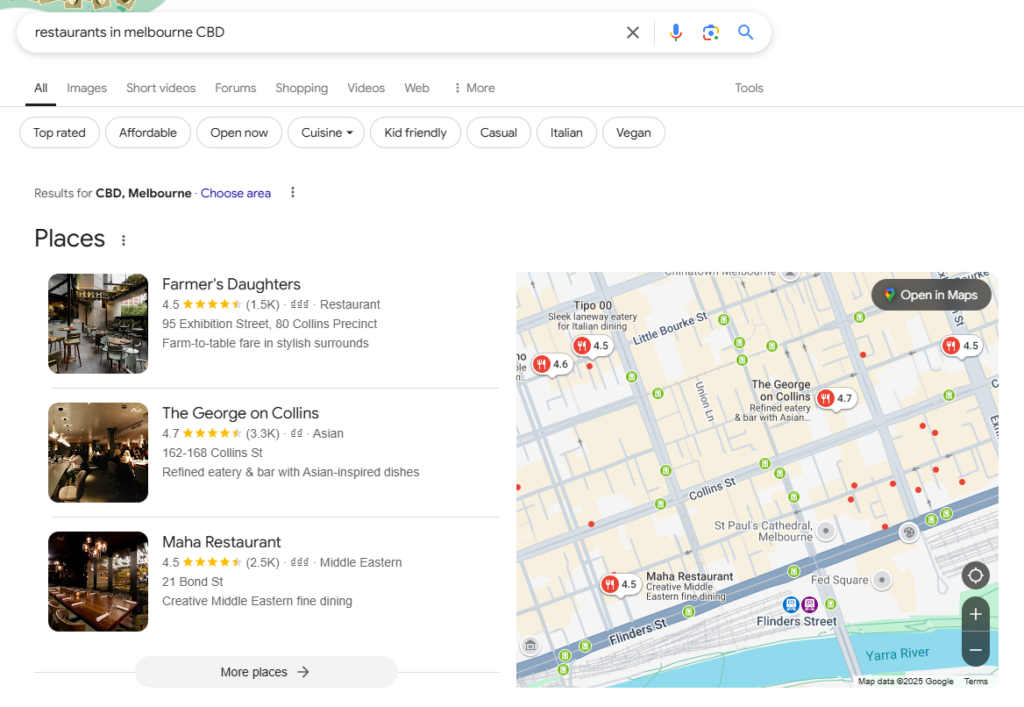 Effective Local SEO Tactics for SMEs in Australia 1 Screenshot of a Google Maps search for restaurants in Melbourne CBD, Australia. Displays three options: Farmer's Daughters, The George on Collins, and Maha Restaurant. A map on the right shows their locations with ratings and cuisine types—perfect for SMEs focusing on local SEO strategies. | Ven Agency