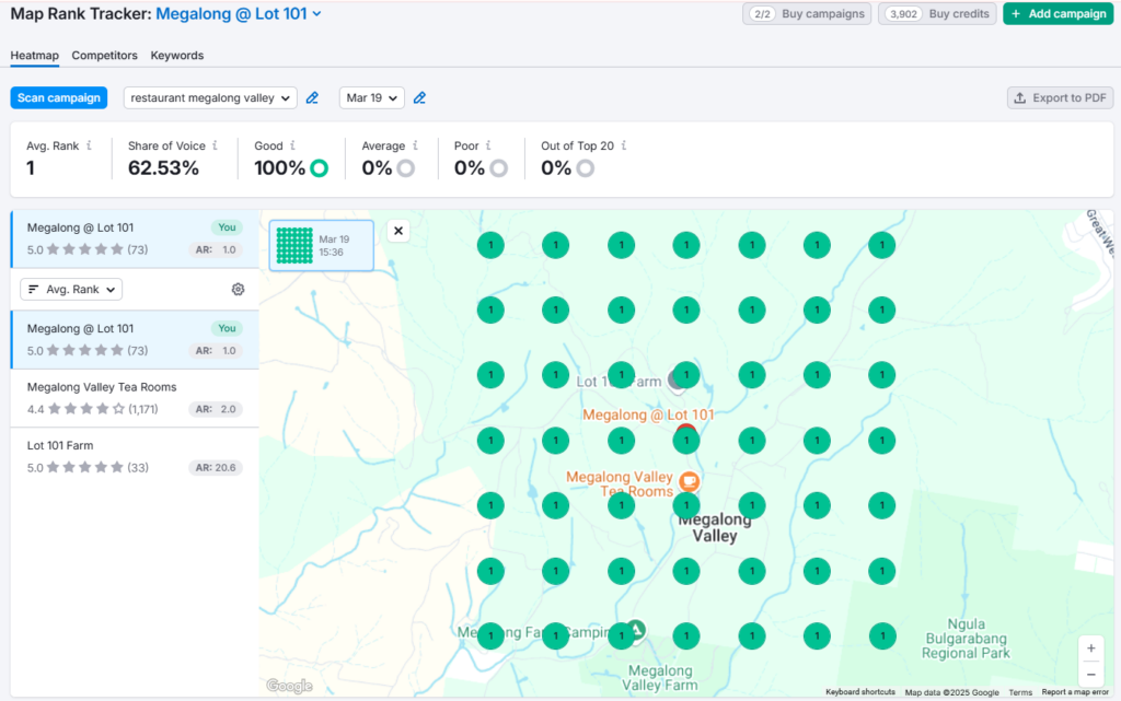 Effective Local SEO Tactics for SMEs in Australia 4 A map illustrating locations with green and orange markers in Megalong Valley, Australia. It shows rankings, with markers indicating spots like Megalong & Lot 101. The interface includes analysis metrics and campaign management options, perfect for SMEs focused on local SEO. | Ven Agency